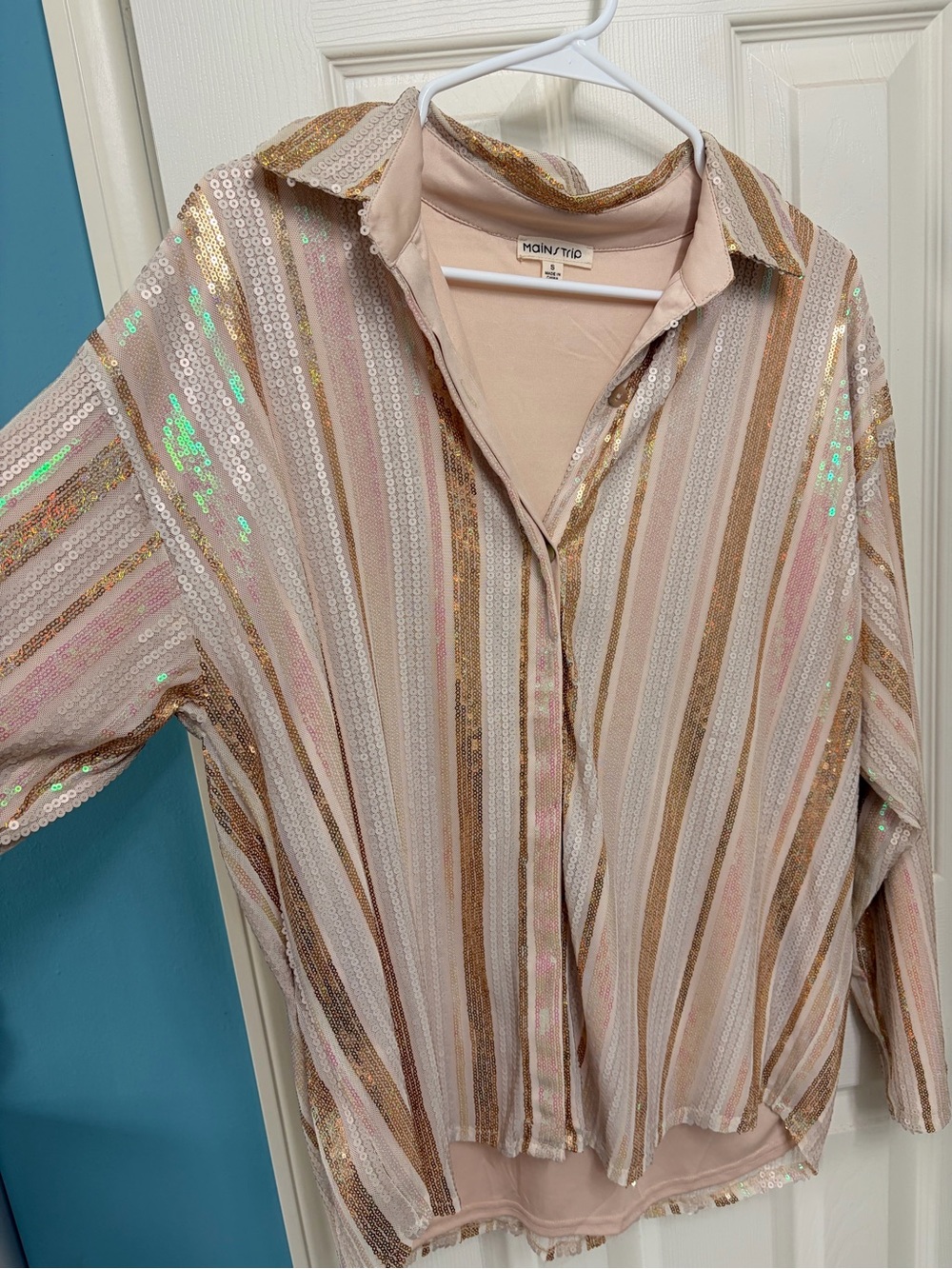 Main Strip Pink and Gold Sequin Striped Button-Down Shirt